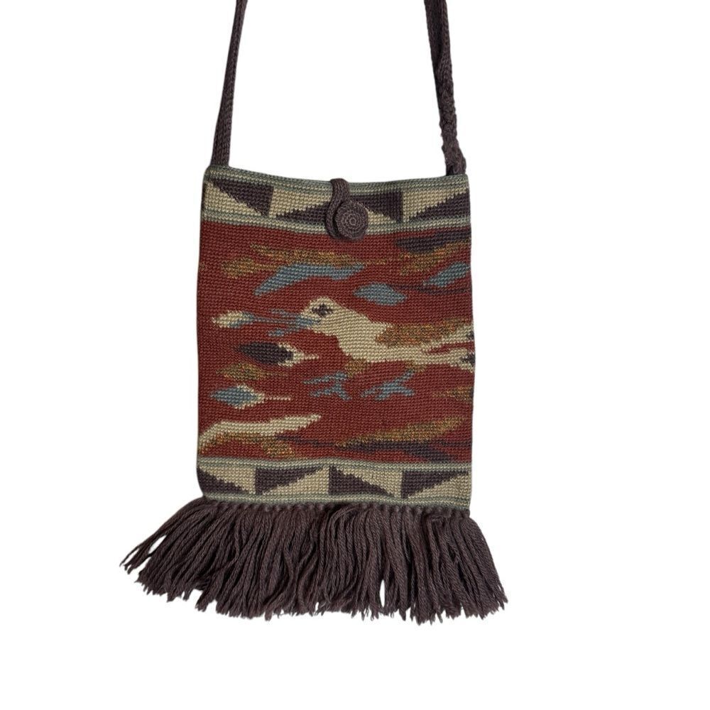 Peruvian Connection Alpaca Knit Bird Tribal Fringe Crossbody Bag Boho Festival